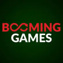 ตัวอักษรสีแดงและขาว BOOMING GAMES บนพื้นหลังโทนสีเขียวเข้ม