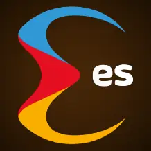 เครื่องหมายโลโก้ตัวอักษร es สีน้ำเงิน แดง และเหลืองบนพื้นน้ำตาลเข้ม
