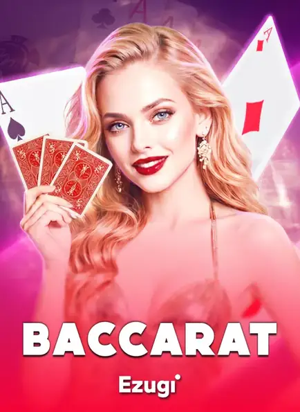 ภาพดีลเลอร์หญิงผมบลอนด์ถือไพ่ในเกม BACCARAT จากค่าย Ezugi