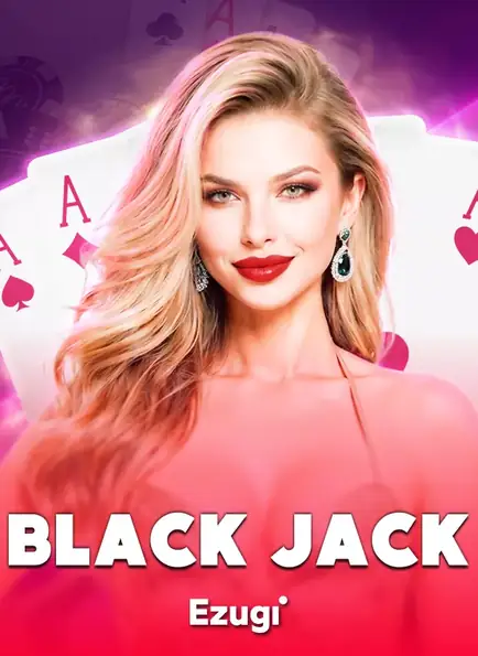 หญิงสาวผมบลอนด์บนพื้นหลังสีชมพูพร้อมชื่อเกม BLACK JACK จาก Ezugi