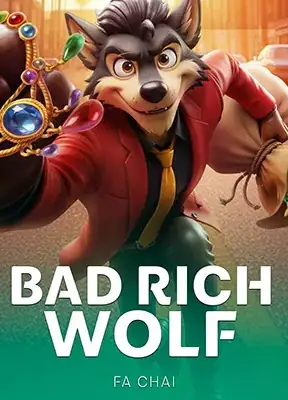 หมาป่าการ์ตูนสวมสูทใส่สร้อยคอทองคำในเกม BAD RICH WOLF ค่าย FA CHAI