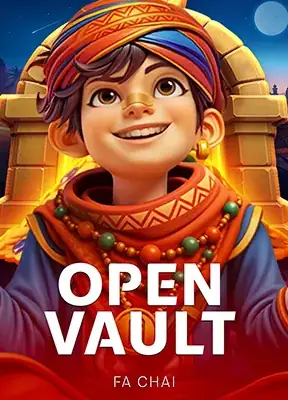 เด็กชายการ์ตูนแสดงท่าทางตื่นเต้นบนพื้นสีม่วง OPEN VAULT โดย FA CHAI