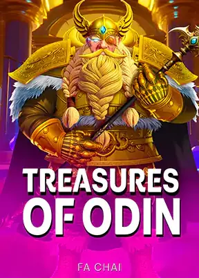 เทพนักรบสวมชุดเกราะสีทองอร่ามในเกม TREASURES OF ODIN ค่าย FA CHAI