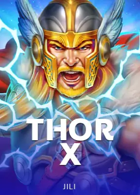 ภาพนักรบสวมหมวกมีปีกท่ามกลางสายฟ้าฟาดในเกม THOR X ของ JILI