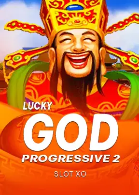 ภาพเทพเจ้าจีนยิ้มแย้มในชุดสีแดงและทอง LUCKY GOD PROGRESSIVE 2 ค่าย SLOT XO