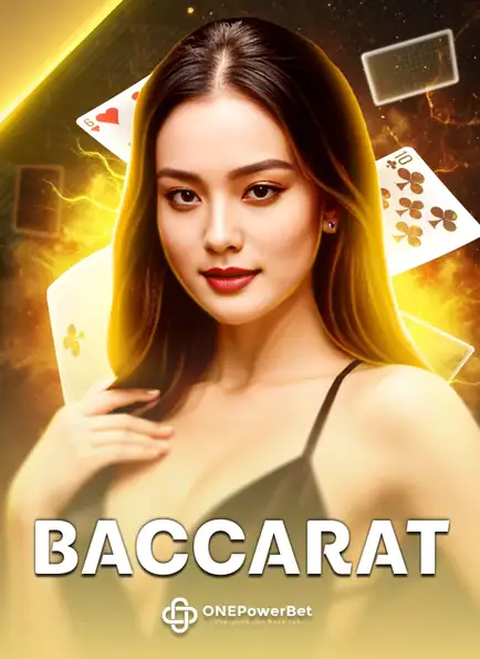 ภาพหญิงสาวถือไพ่บนพื้นหลังสีทองอร่ามในเกม BACCARAT จาก ONEPowerBet