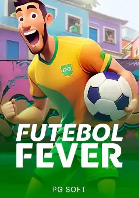 ภาพนักฟุตบอลการ์ตูนพร้อมลูกฟุตบอลบนพื้นหลังสีสัน FUTEBOL FEVER โดย PG SOFT