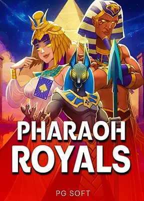 ภาพกษัตริย์ฟาโรห์อียิปต์เคียงข้างรูปปั้นแจ็กคัล PHARAOH ROYALS โดย PG SOFT