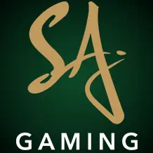 ตัวอักษร SA สีทองคู่กับข้อความ GAMING บนพื้นหลังสีดำ