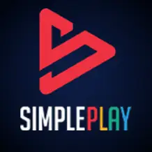 สัญลักษณ์รูปปุ่มเล่นสีแดงอมชมพูคู่กับข้อความ SIMPLEPLAY บนพื้นน้ำเงินเข้ม